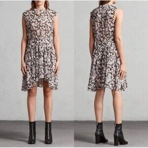 AllSaints Victoria Magnolia Silk Dress Sz 2 Floral Sleeveless A-Line Flowy EU 34